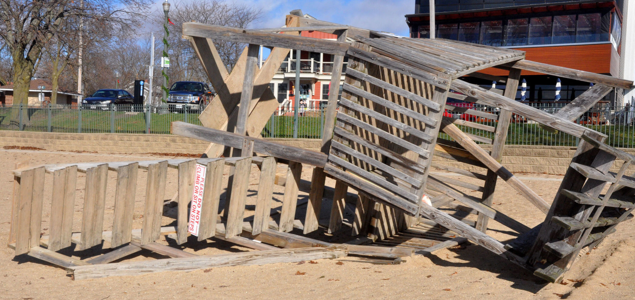A lifeguard stand at Riviera Beach blew over during a storm that hit the Lake Geneva area Tuesday afternoon